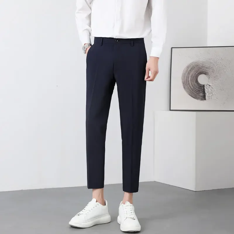 thumbnail image 1 of Pantalones de trabajo refrescantes para hombres, pantalones de oficina de seda de hielo, trajes rectos para hombre, tela clásica, sastrería coreana, reseñas, muchas novedades, 1 of 5
