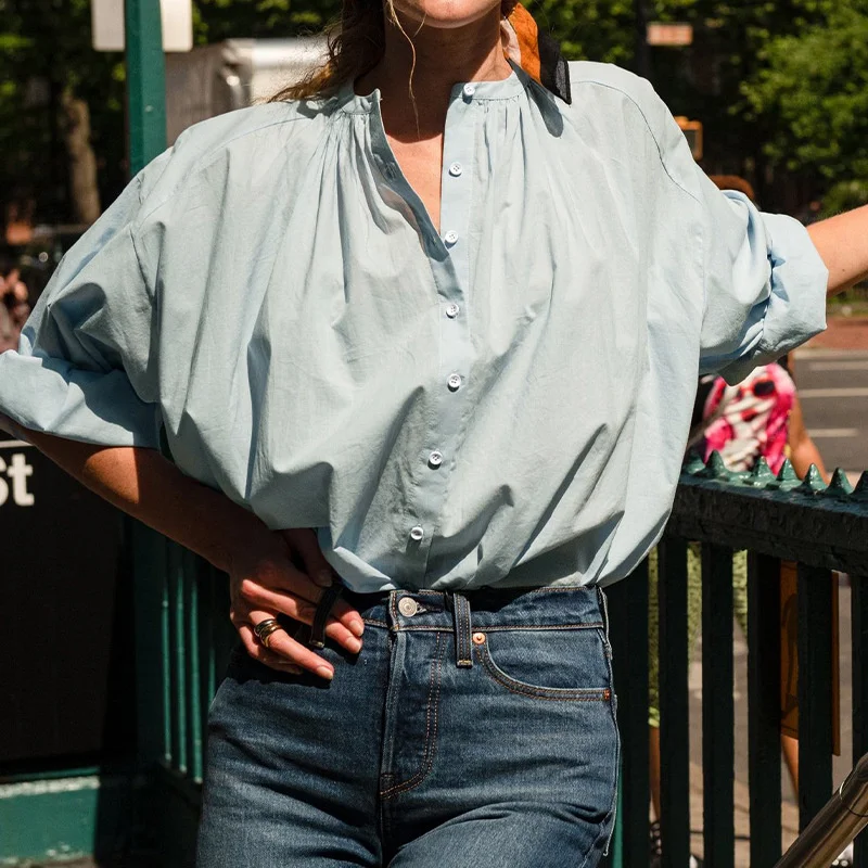 

2022 spring / summer new Korean loose top pure cotton pleated white shirts 0826