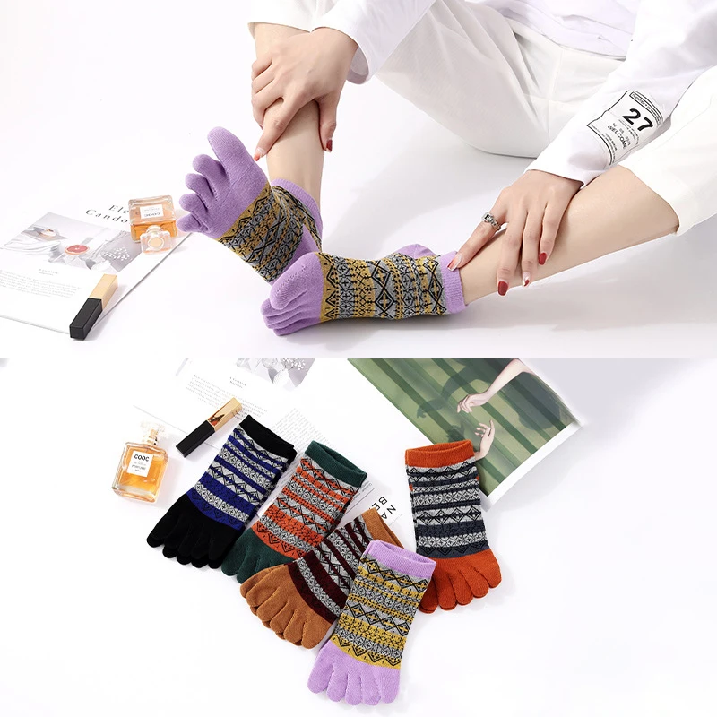 5 Pairs Bohemian Style Ankle Socks with Toes Woman Girls Short Harajuku Cotton Sock Colorful Invisible 5 Finger Socks Fashions