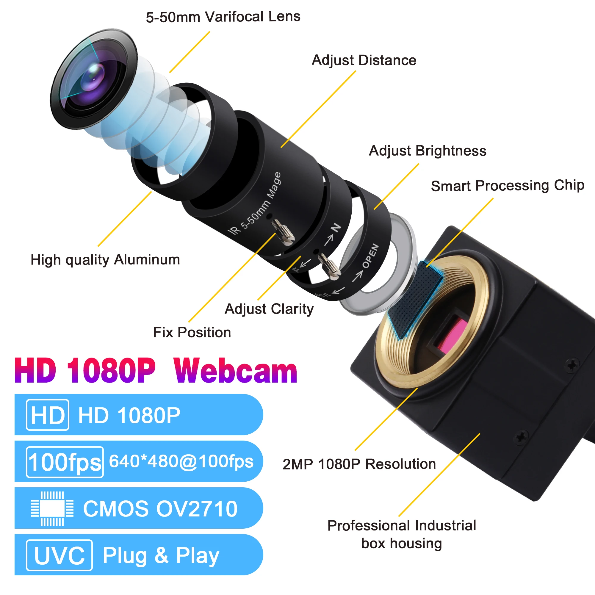 Camera USB 5-50mm Varifocal Lens Webcam High Speed VGA 100fps Full HD 1080P  USB Camera with Aluminum Mini Case Webcam Support OpenCV for Android