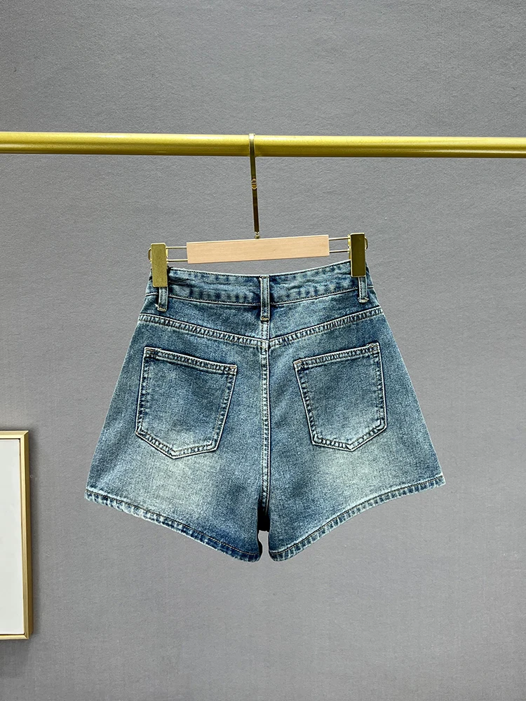 Summer Diamonds Denim Skirt Women's Short Jean Culotte 2024 New Korean Style Loose High Waisted Slimming Wide Leg Short Pants