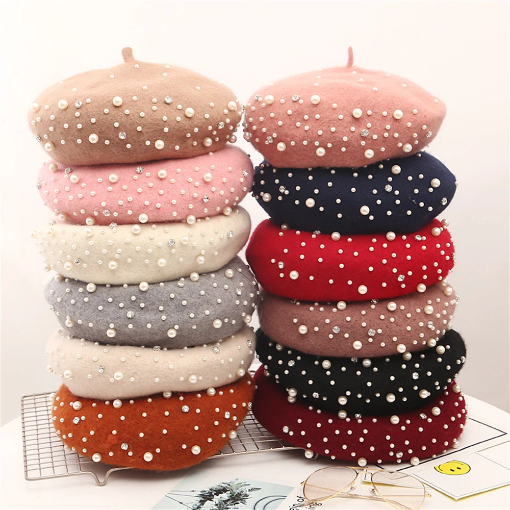 

Vintage Solid Wool Pearls Diamond Beads Berets Hat For Women Warm Winter Cap Skullies Beanies Elegant Cashmere Female Flat Hats