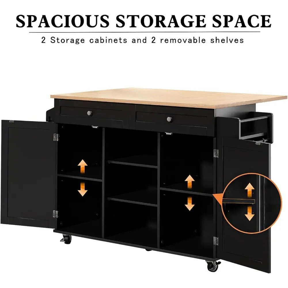 Kitchen Island On Wheels, Rolling Kitchen Island Cart with Drop Leaf Countertop, Barn Door Table