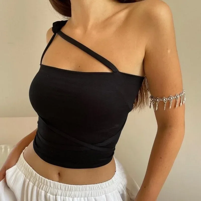 

Hotsweet Black Tank Tops for Women Push Up Solid Sleeveless Strapless Slim Halter Y2K Sexy Club Crop High Street Female Tee 2024