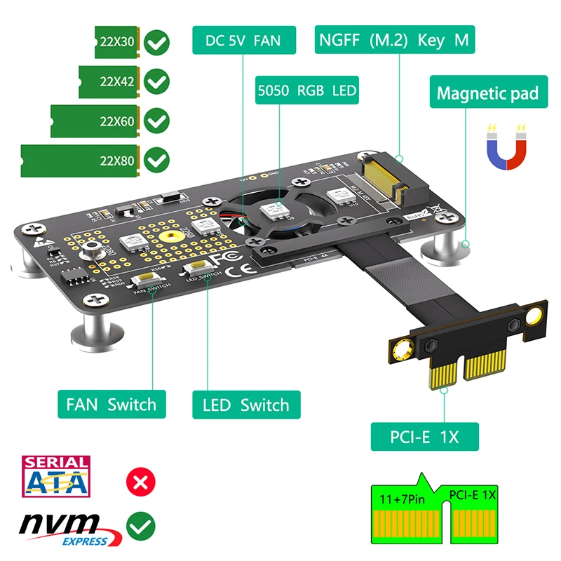 냉각 선풍기 RGB LED 마그네틱 패드 포함 익스텐션 케이블, PCI 익스프레스 3.0 1X 에서 M 키 컨버터 라이저 보드, 10cm, M.2 NVME to PCIE X1