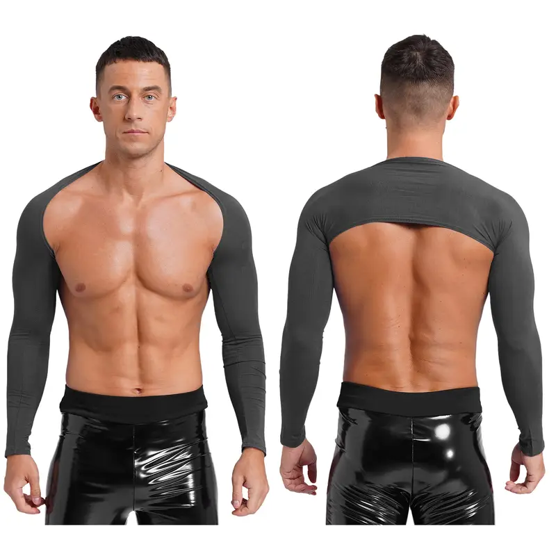 Men Open Front Half Crop Top Solid Long Sleeve Cardigan Bolero Shrug Tops Muscle Arm Sleeves Workout Sports Gym Tops Clubwear - Image 21