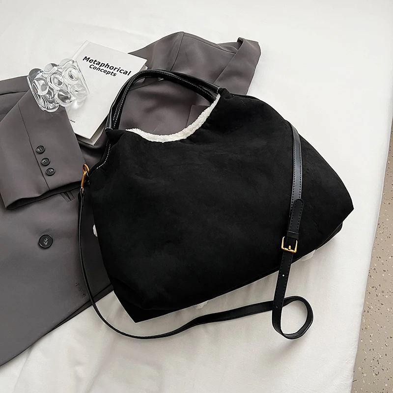 Women Faux Suede Shoulder Bag Lamb Wool Handbag Crossbody Bag Large Capacity for Shopping Work