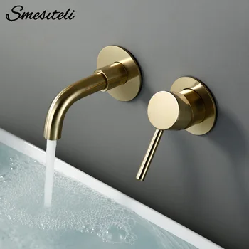 ก๊อกน้ําอ่างล้างหน้าห้องน้ําอ่างล้างจานแตะติดผนังทองเหลือง Matt สีดําเดี่ยวร้อนเย็นสีขาว Rose Gold ชุด 1