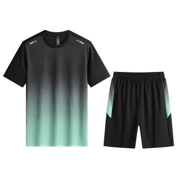 2025 summer casual men's set gradient t shirt+shorts men's comfortable breathable top gradient t shirt set