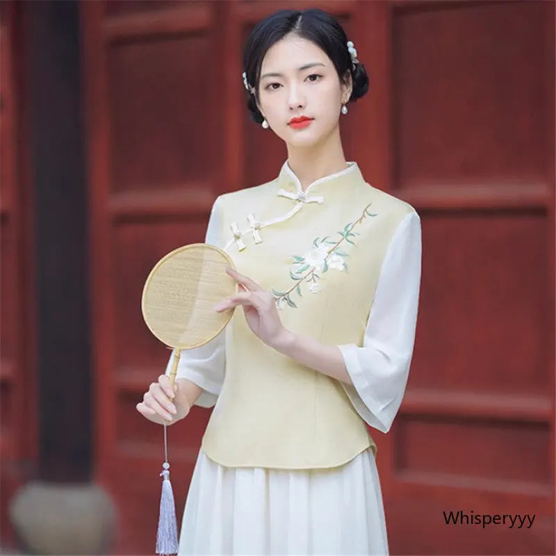 

Elegance Slim Chinese Shirt Women National Style Embroidery Cheongsam Top Chinese Traditional Clothing Vintage Tang Suit 2023