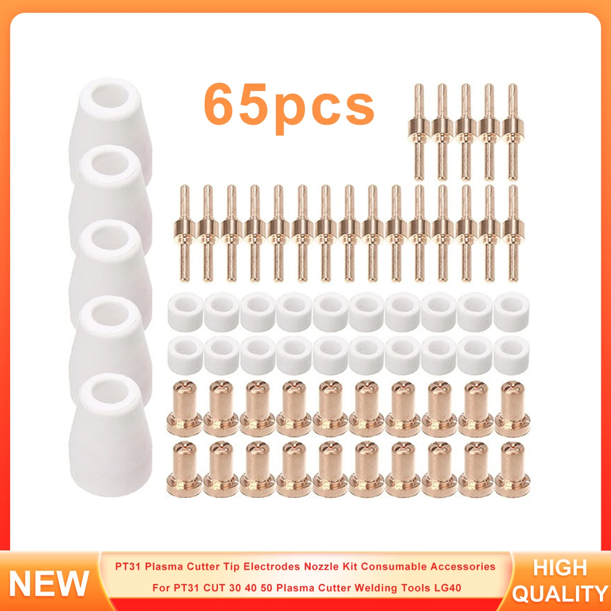 65PCS PT31 Plasma Cutter Tip Electrodes Nozzle Kit Consumable Accessories For PT31 CUT 30 40 50 Plasma Cutter Welding Tools LG40