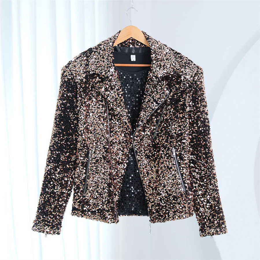 Male Singer Stage Sequins Jacket Glitter Gold Purple Zipper