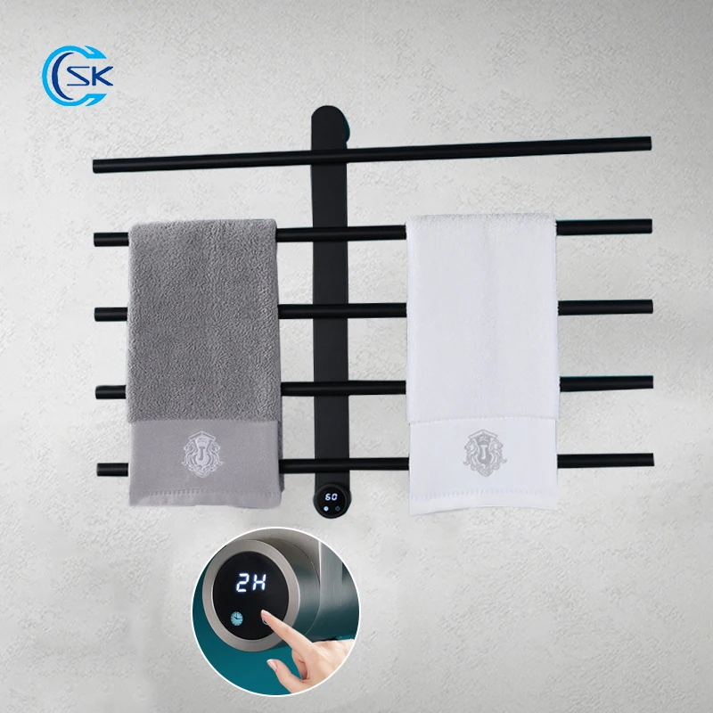 ที่อุ่นผ้าขนหนูสแตนเลสราวแขวนผ้าขนหนูทำความร้อนไฟฟ้าสีดำสำหรับห้องน้ำที่มีตัวควบคุมชั้นวางผ้าขนหนูไฟฟ้า 1