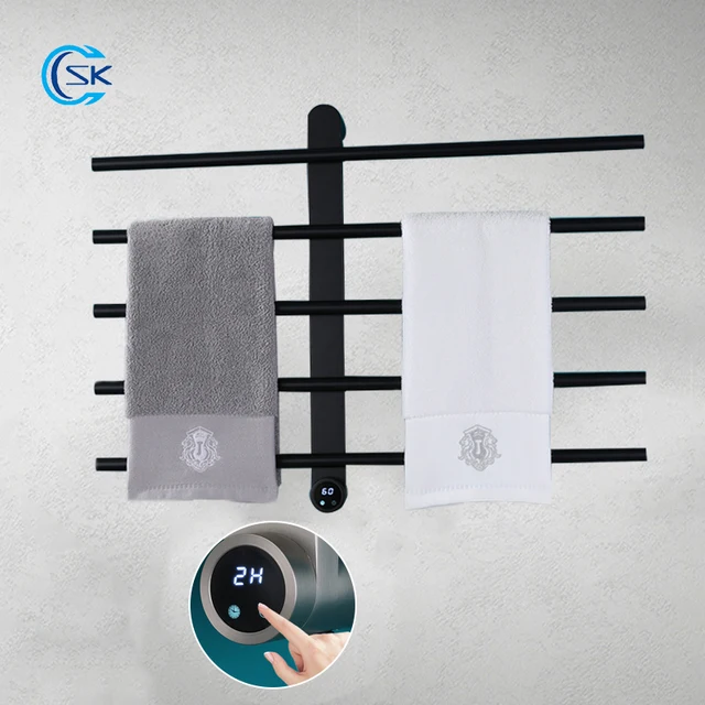 ที่อุ่นผ้าขนหนูสแตนเลสราวแขวนผ้าขนหนูทำความร้อนไฟฟ้าสีดำสำหรับห้องน้ำที่มีตัวควบคุมชั้นวางผ้าขนหนูไฟฟ้า 1