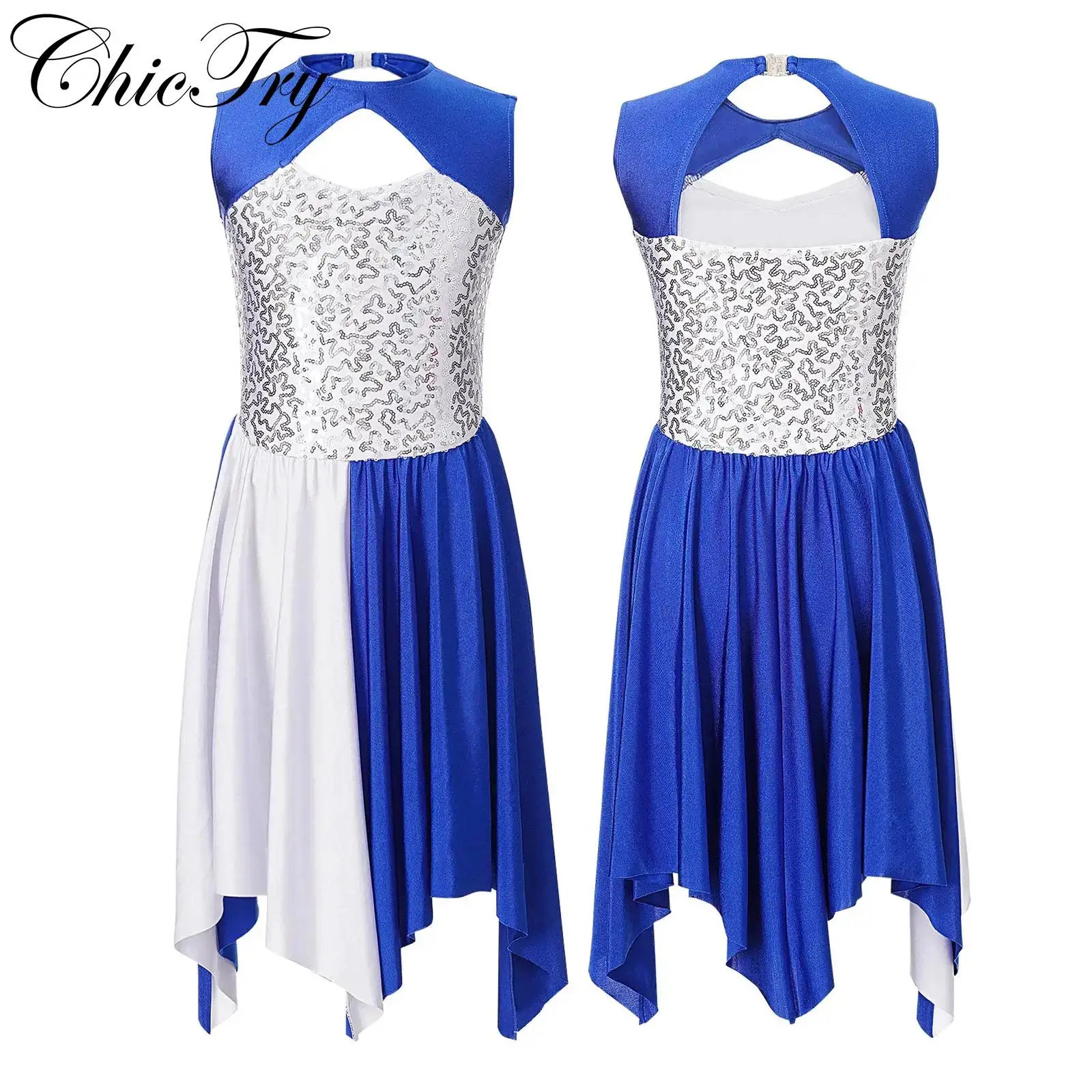 

Kids Girls Praise Lyrical Dance Dress Sleeveless Gymnastics Leotard Shiny Sequins Asymmetrical Hem Dancewear Modern Choir Dress