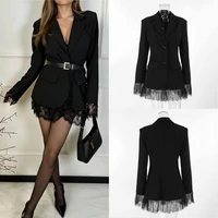 Femmes élégant dentelle ourlet noir costume manteau mode col en v simple boutonnage Slim Fit Blazer 2026 nouveau printemps bureau dame Blazer vêtements d'extérieur 1