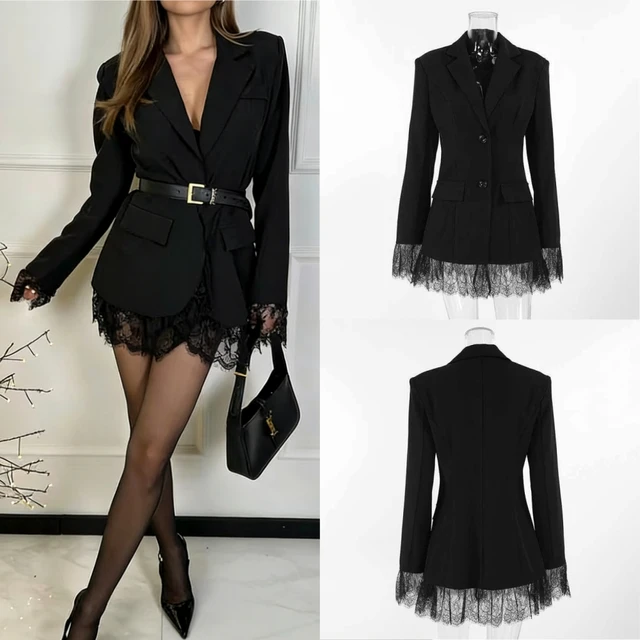 Femmes élégant dentelle ourlet noir costume manteau mode col en v simple boutonnage Slim Fit Blazer 2026 nouveau printemps bureau dame Blazer vêtements d'extérieur 1
