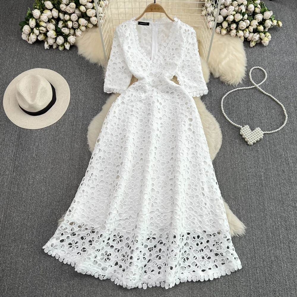 

Retro Solid Elegant Chiffon Hollow Out Dress A-line Casual Puff Sleeve V-neck High Waist Dress Women Summer