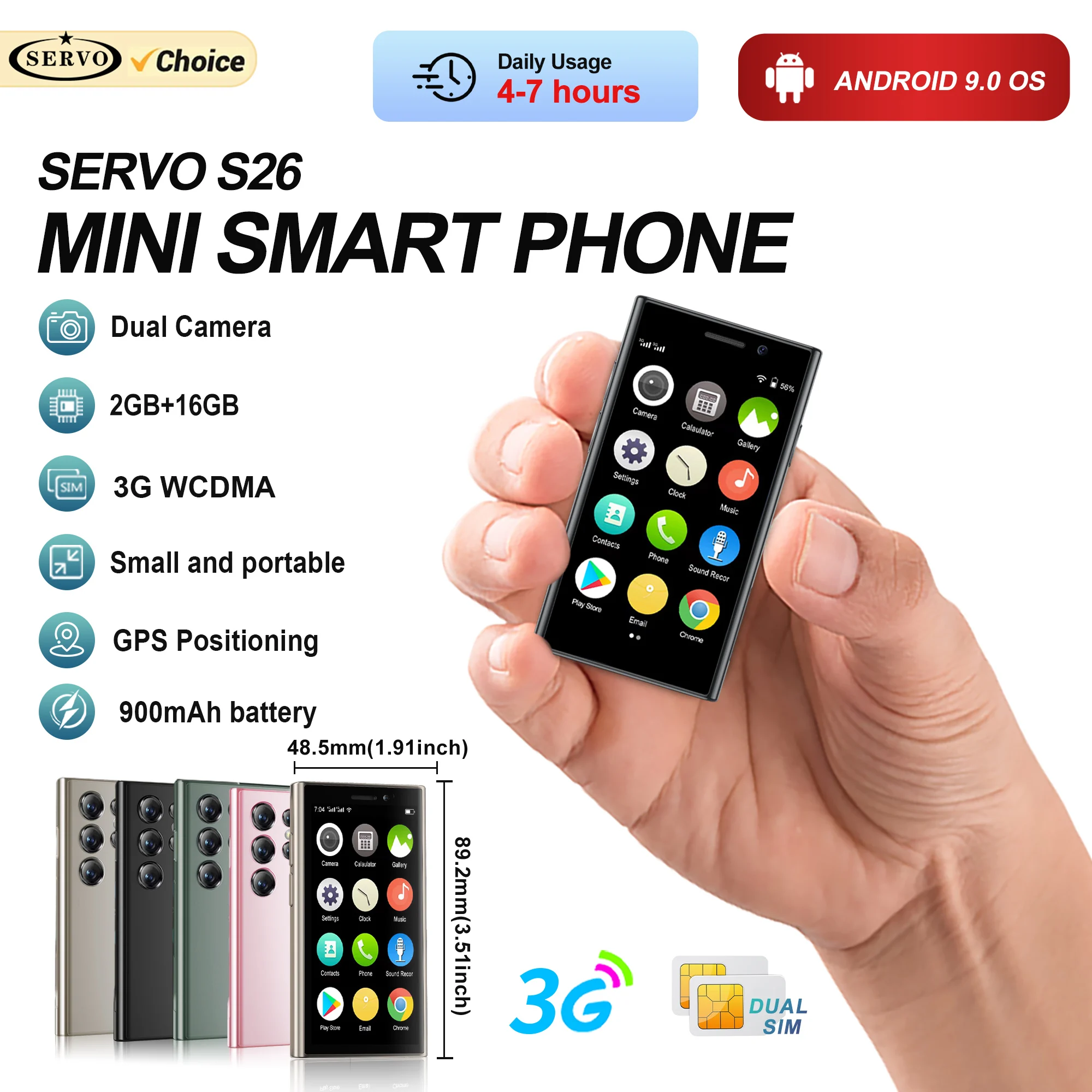 SERVO Mini Smartphone Android 9.0 3G WCDMA 2GB RAM 16GB ROM 3" HD Display 5MP Camera Dual SIM Small Cheap cell phones Play Store