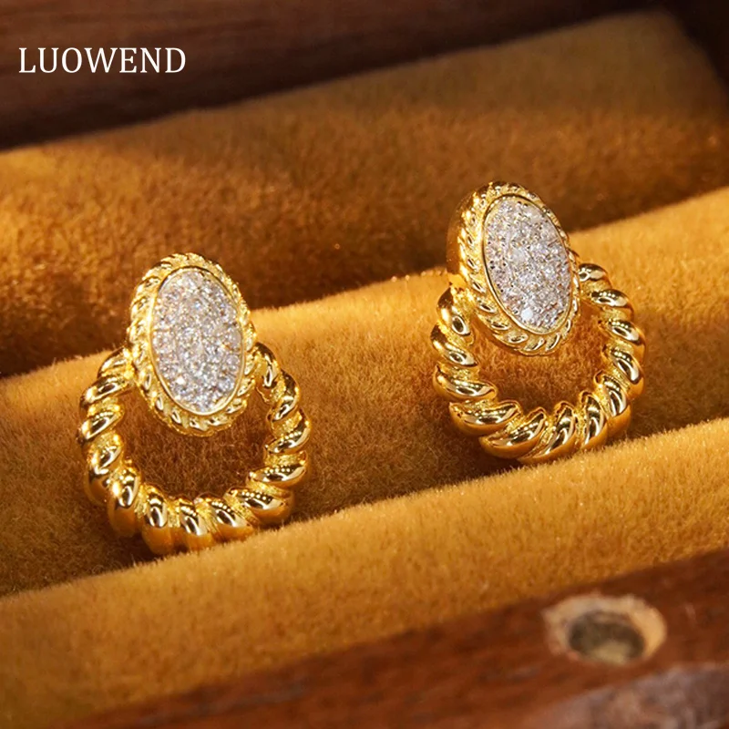 LUOWEND 18K Yellow Gold Earrings Luxury Real Natural Diamond Stud Earrings for Women Wedding French Romantic Design High Jewelry