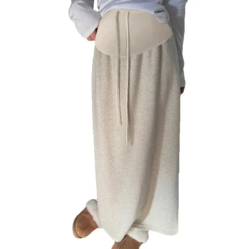 Korean Style Winter Long Loose Maternity Thick Warm Straight Skirts Drawstring Waist Pregnant Woman Long Woolen Skirt Back Split