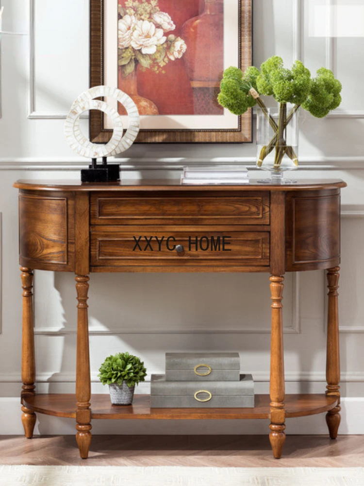 

American Solid Wood Semicircle Entrance Cabinet European Retro Console Tables Simple Console