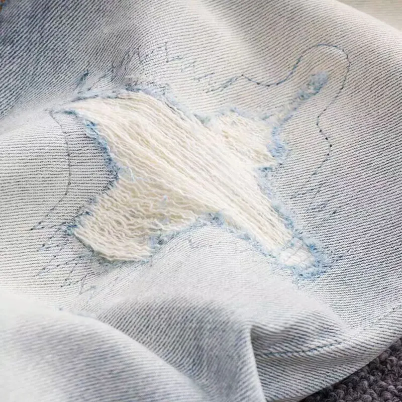 Fashion Designer Men Jeans Retro Washed Light Blue Elastic Stretch Slim Fit Ripped Jeans Men Broken Hole Vintage Denim Pants