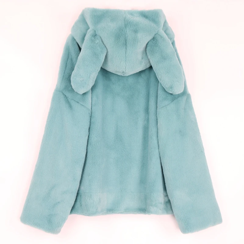 2023 Winter New Oversize Harajuku Hooded Outwear Women Imitation Fur Coat Fluffy Jacket Rabbit Ears Casual Raglan Sleeve Zipper