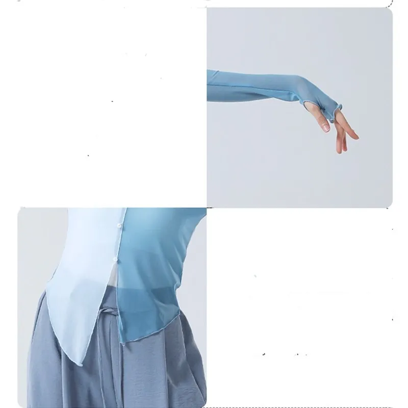 Gauze Dance Practice Clothes Sheer Long Sleeve Tee Shirt Finger Thumb Hole Top Elegant Pearl Buckle Irregularly Flowy Costume