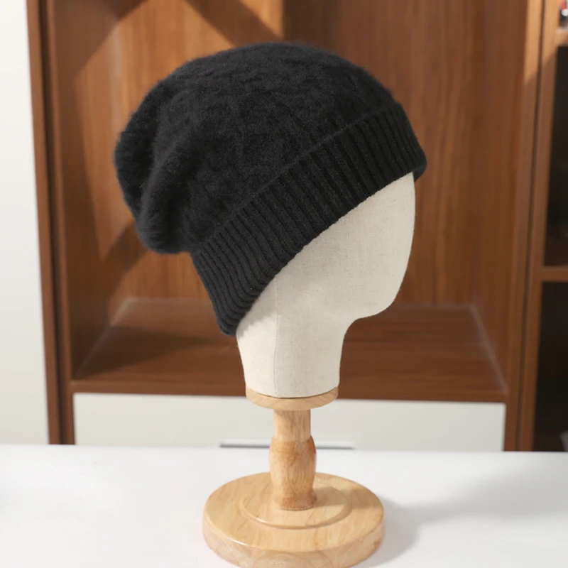 100%Wool Women's Winter Beanies Hat Warm Soft Luxury Woollen Caps Knitted Bonnet y2k Rhombus Slouchy Skullies Cap  For Lady 4