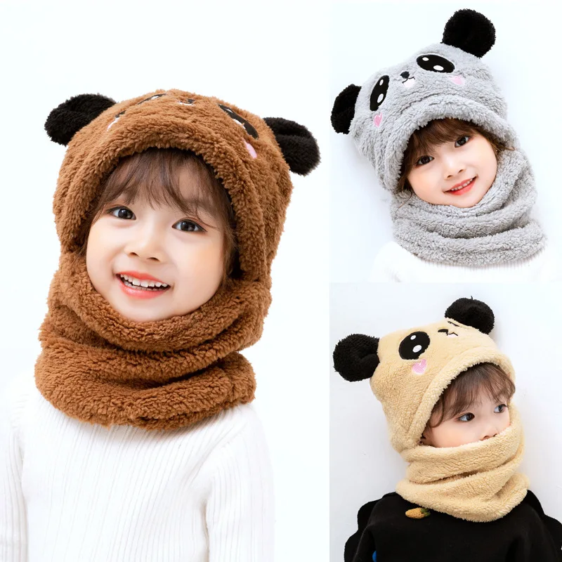 

Winter Children Hat Scarf Hooded Fleece Kids Beanies Cap Cartoon Rabbit Panda Cute Hat For Girls Boy Winter Warm Neck Scarf Baby