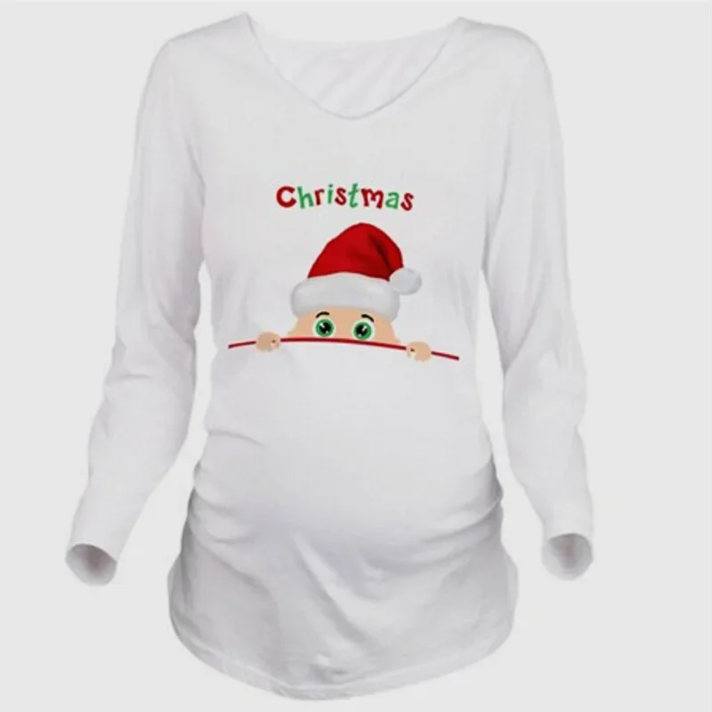 Pregnant Woman Christmas Long Sleeve Santa Baby Print T Shirt Christmas Side Ruched Maternity Top Pregnancy Clothes Pregnant Tee 5