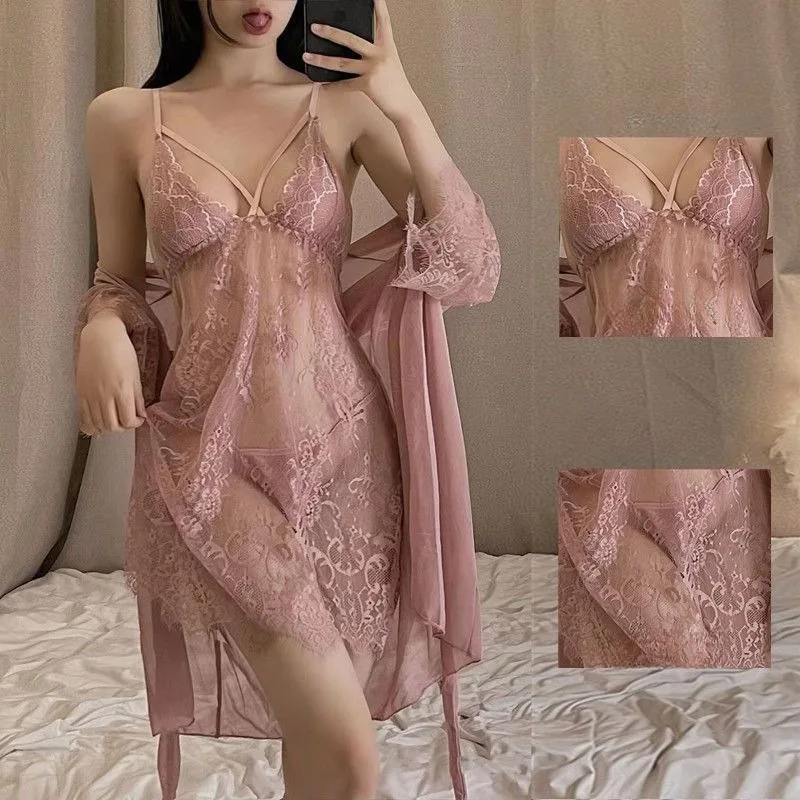 

Sexy Nightdress Women Lace Three-piece Mesh Ice Silk Extra Size Halter Pajamas Nightdress Women Home Dress Summer Sexy Costume