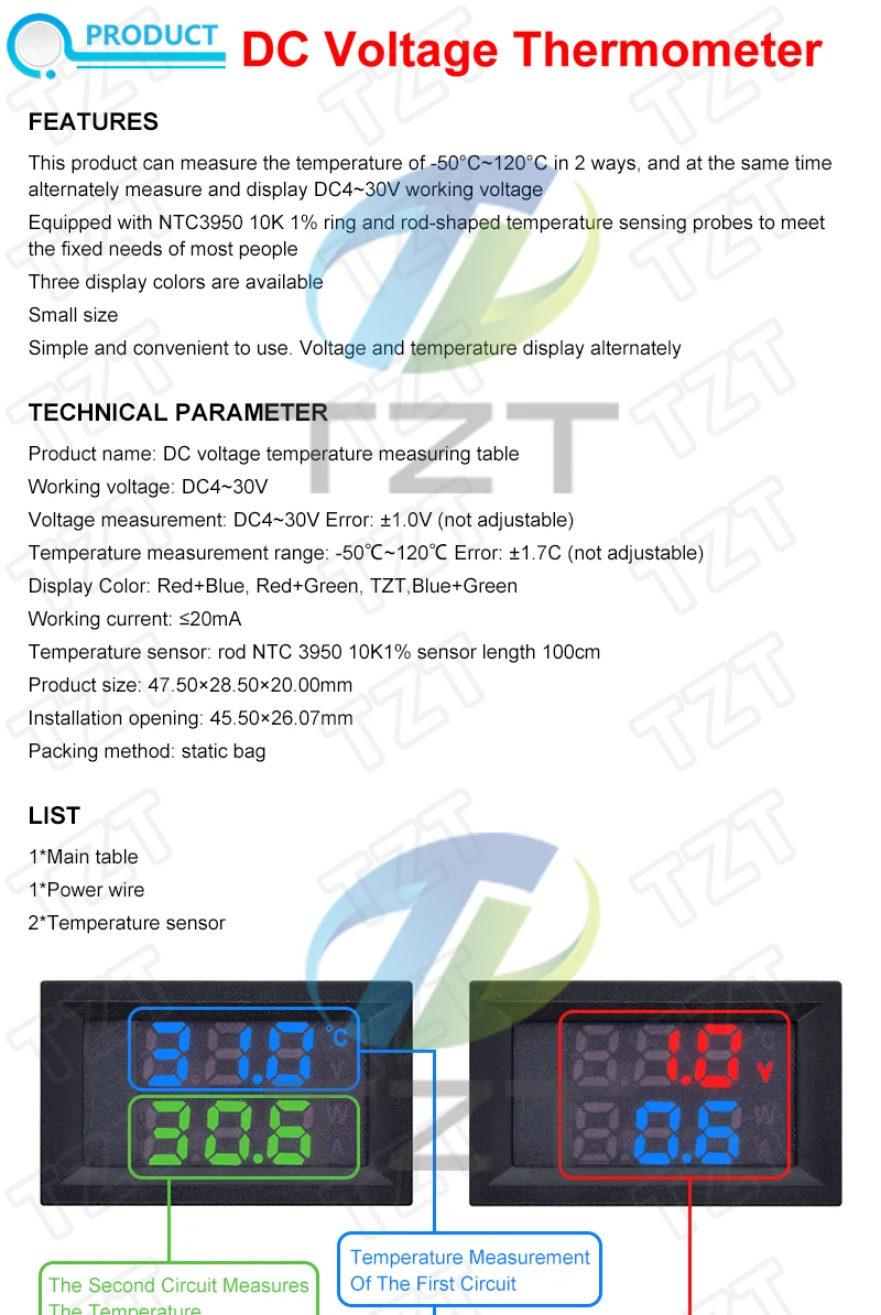 DC4-30V 100 cm LED-Anzeige, digitales Voltmeter und Thermometer, Temperatursensor-Detektor mit NTC10K 3950 Sonde, Temperaturmessgerät – Detail 1