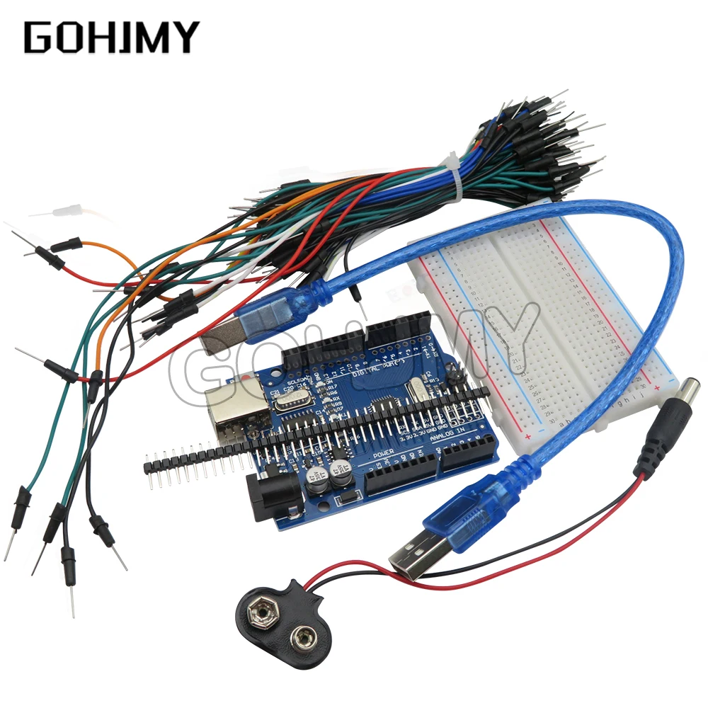 1 Pz Gohjm Starter Kit Per Arduino Uno R3 - Bundle Di 5 Articoli: Uno R3 Breadboard Jumper Wires Cavo Usb E Connettore Batteria 9V