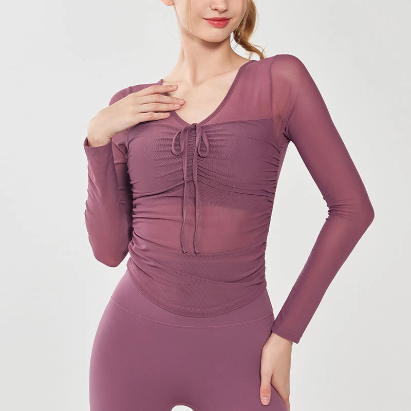 thumbnail image 1 of Traje de Yoga microtransparente de malla Sexy con almohadilla fija para el pecho, camisa de manga larga, Top deportivo de Pilates para entrenamiento físico de alta gama para mujer, 1 of 6