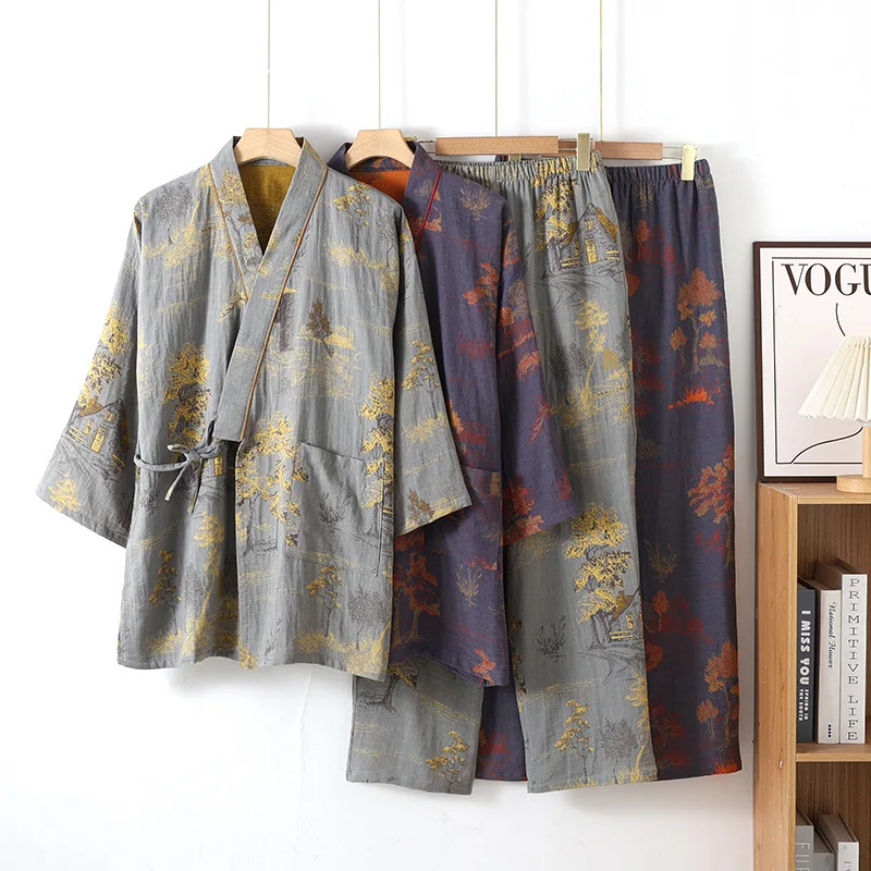 Retro Print Men's Sleepwear Cotton Men Autumn New Loose Nightwear Set Kimono Pajamas Top And Long Pants Loungewear
