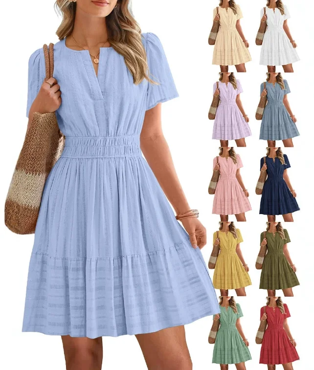 Frühling/Sommer Mode V-Ausschnitt Plissiertes Puffärmel-Lagenrock-Kleid Elegante Damen-Freizeitkleidung für Über-Transitionszeiten