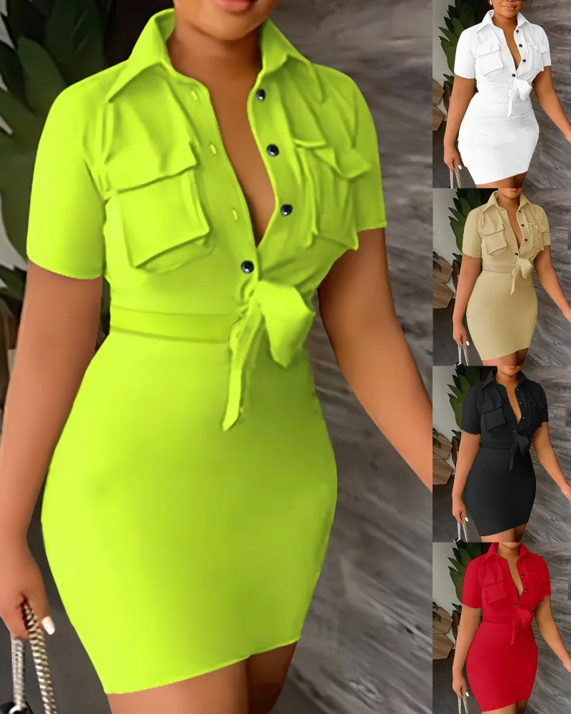 

Summer Women's Thin Dress Fashion Polo Single breasted Lace up Solid Color Shirt Dress Casual Temperament Commuter Women's Dress