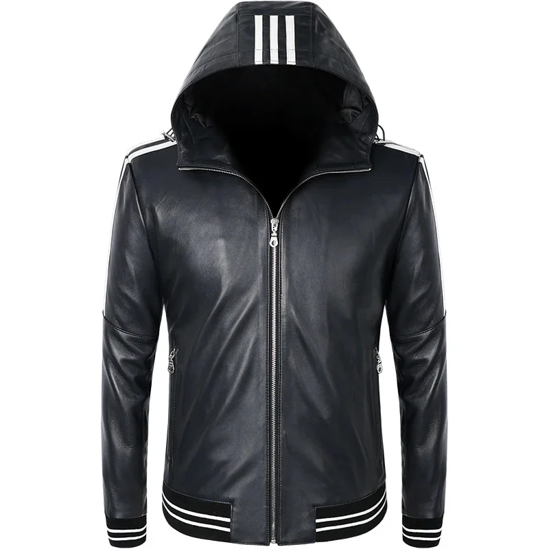 

Новинка 2024, кожаная мужская куртка с капюшоном, легкая, из овечьей кожи, отличное мужское мотоциклетное пальто, уличная одежда для весны