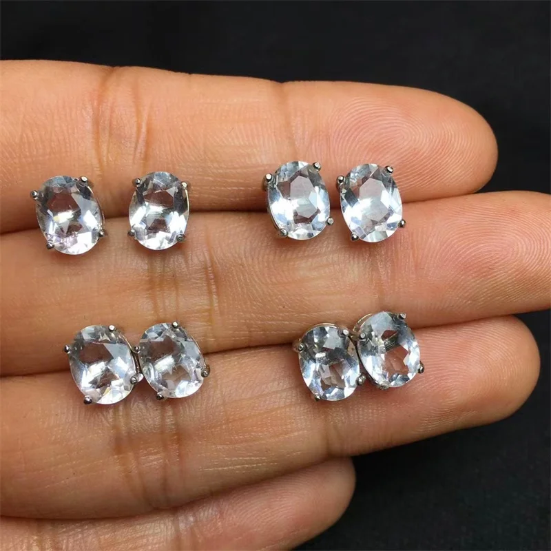 

S925 Natural Clear Quartz Ear Stud Earrings Sterling Silver Reiki Healing Stone Fashion Jewelry Gift Women Men 1pair 6x8mm