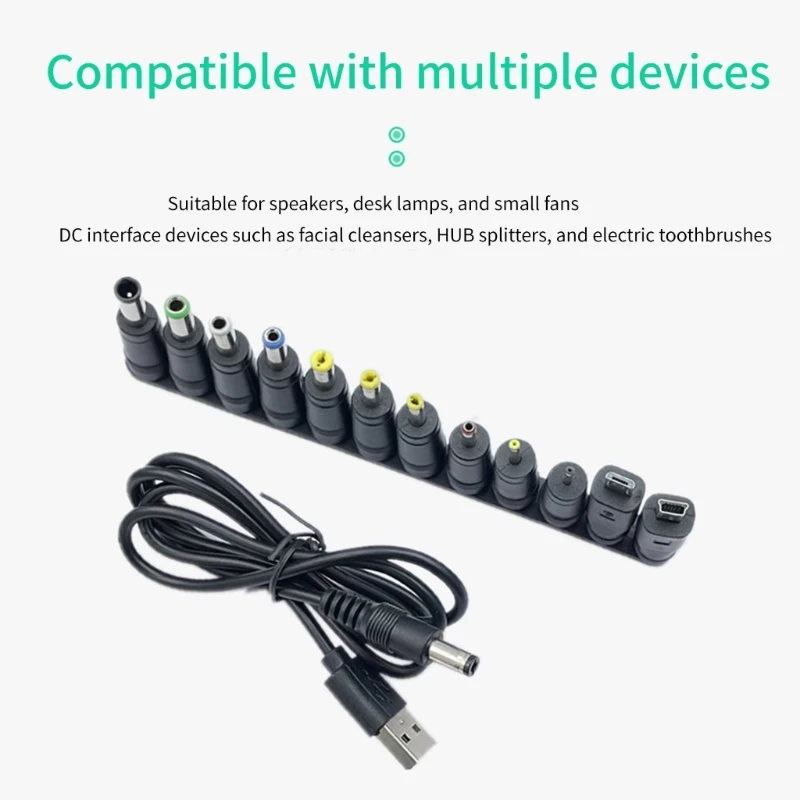 Universal USB to 5V DC Power Cord Charging Cable 5.5x2.1mm Jack 12 Interchangeable Plug Adapter Micro USB Mini DC Plug