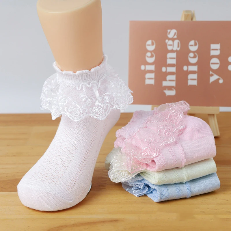 Spring Summer Thin Cotton Princess Mesh Socks Baby Girls White Pink Stitch Ankle Short Socks with Lace Ruffle for Kids Toddler