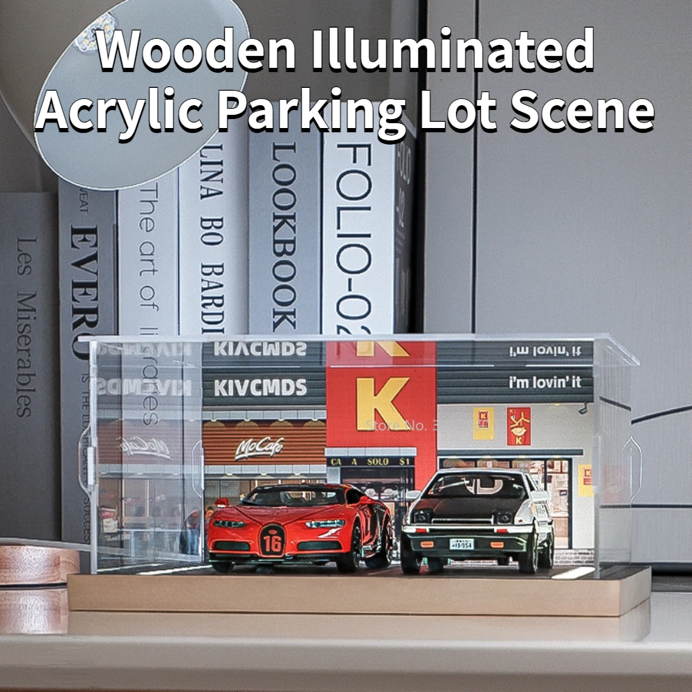 

1/32 Scale Wooden Acrylic Parking Lot Scene Model with Lights Car Model Parking Garage Dust Cover Storage Box for Kid Hobby Gift