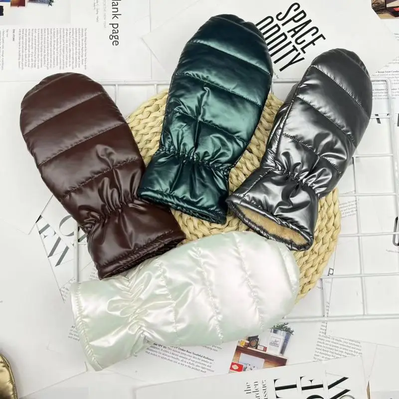 Women winter mittens gloves cashmere full fingers waterproof glossy surface outdoor cycling skiing