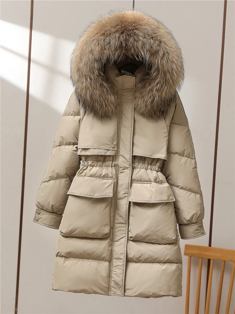 

2023 Women New Fashion Trend Down Long Jacket Winter Long Sleeve White Duck Down Coat Thick Warm Parkas Snow Outwear A190