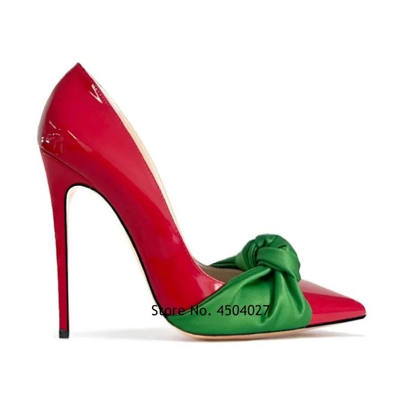 

Red Patent Leather Green Butterfly-knot High Heels Pointed Toe Bowtie Embellished Pumps Wedding Dress Shoes For Women