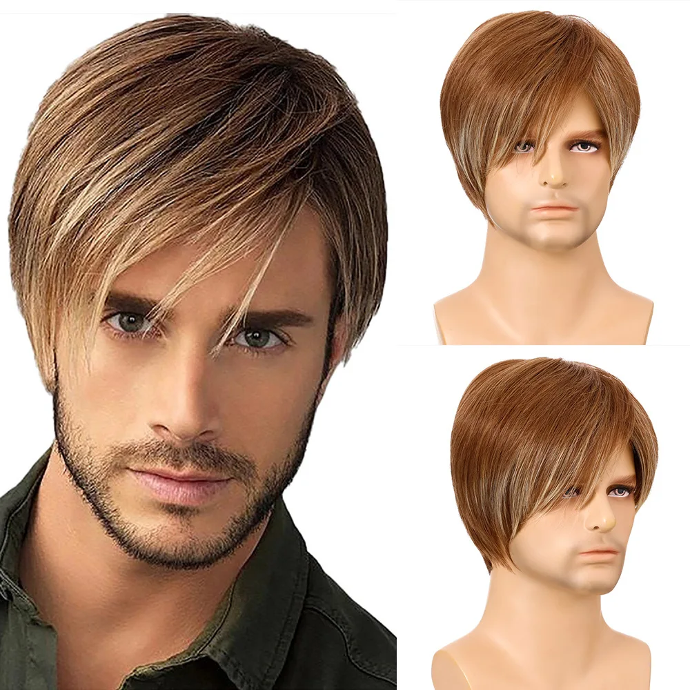 Short Synthetic Wig for Men Brown Straight Hair Cool Guys Natural Hairstyles Male Haircuts Cosplay Party Wig