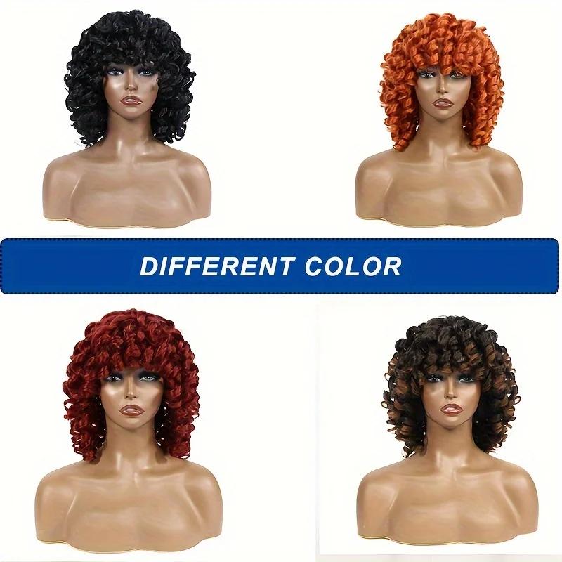 Short Loose Curly Wigs for Women Ginger Afro Kinky Curly Bob Wig with Bang Natural Synthetic Cosplay Hair Wig Red Brown Pink