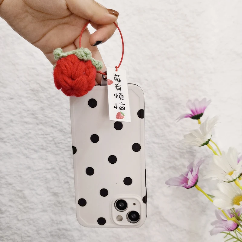 Hair Ball Key Ring Circle Lanyard  Ʈ Wool Woven Strawberry Pendant Phone Anti Lose Lanyard For Key Phone Charm Strap